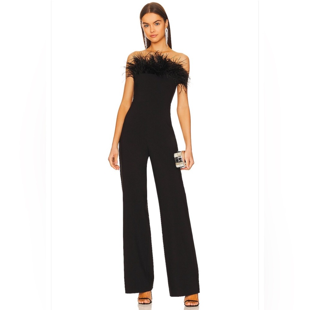 NWOT Revolve Likely Desi Ostrich Feather-Trimmed Black Jumpsuit